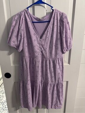 LOFT Lilac Eyelet Tiered V-Neck Dress with Puff Sleeves
